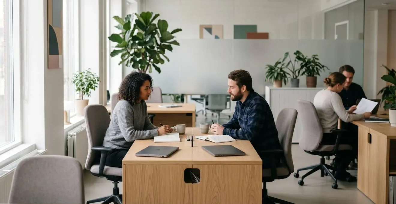 Environnement de travail collaboratif moderne favorisant la productivité et la concentration