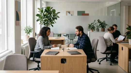 Environnement de travail collaboratif moderne favorisant la productivité et la concentration