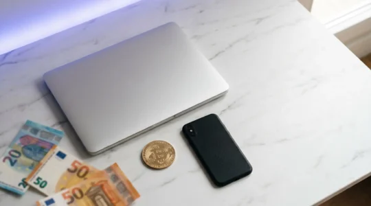 Scène d'achat en ligne moderne avec transaction sécurisée en cryptomonnaie