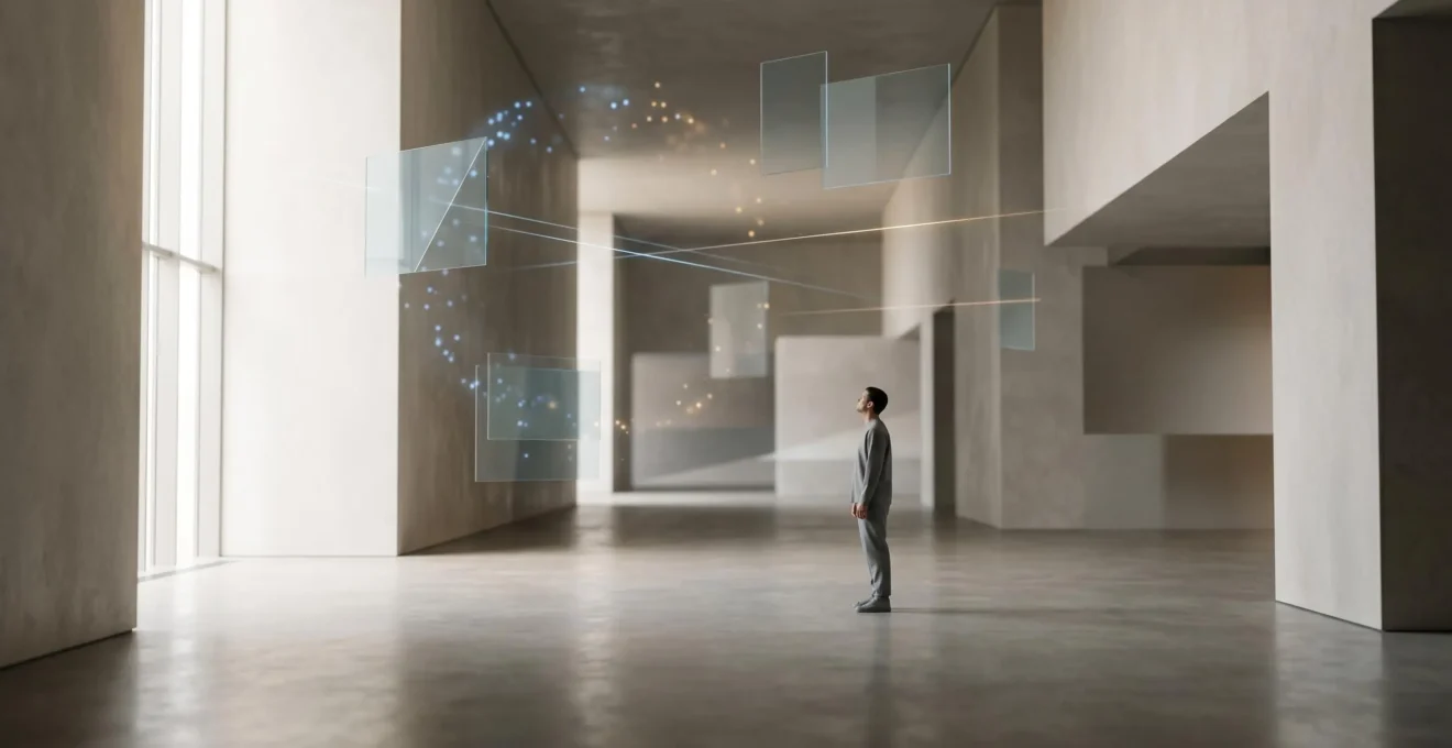 Environnement spatial immersif avec éléments interactifs flottants illustrant une expérience virtuelle engageante