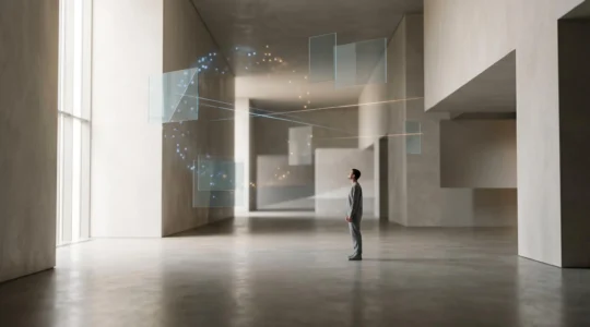 Environnement spatial immersif avec éléments interactifs flottants illustrant une expérience virtuelle engageante