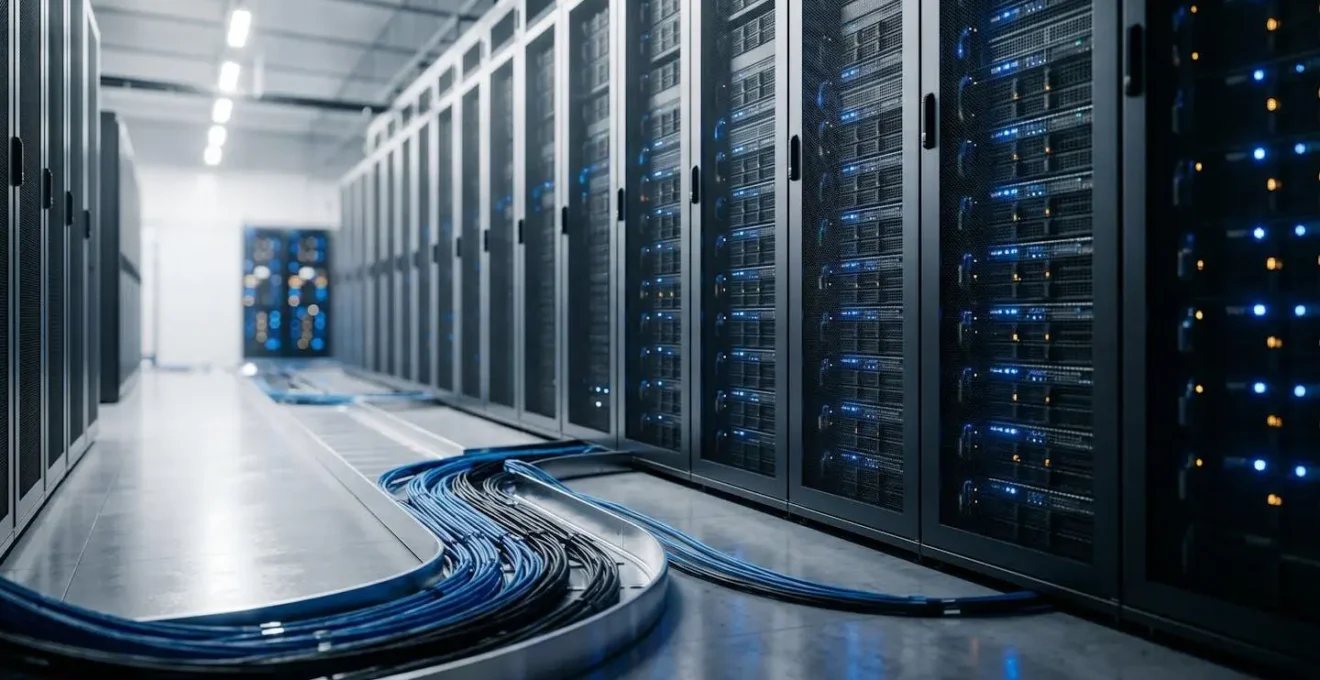 Infrastructure technique moderne avec serveurs et flux de données en migration