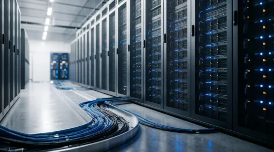 Infrastructure technique moderne avec serveurs et flux de données en migration