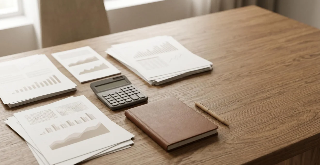 Vue d'ensemble d'un environnement de travail entrepreneurial avec documents financiers et outils de gestion