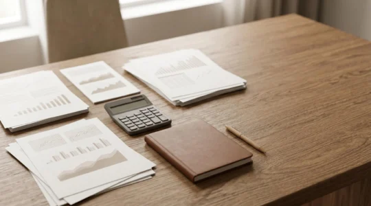 Vue d'ensemble d'un environnement de travail entrepreneurial avec documents financiers et outils de gestion