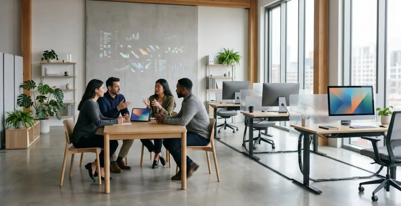 Environnement de travail moderne illustrant le partage fluide de données entre équipes professionnelles