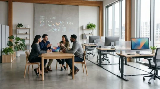Environnement de travail moderne illustrant le partage fluide de données entre équipes professionnelles