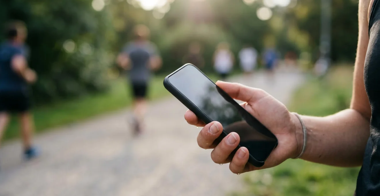 Personne en mouvement avec smartphone détectant automatiquement son activité physique