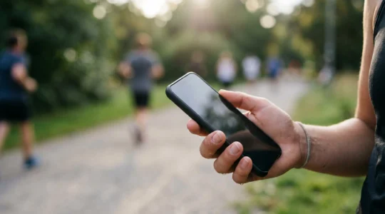 Personne en mouvement avec smartphone détectant automatiquement son activité physique