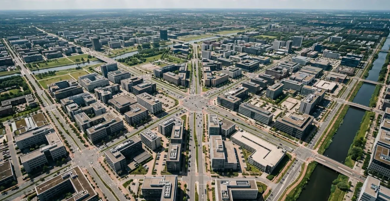 Vue aérienne d'un paysage professionnel illustrant la stratégie de restructuration territoriale commerciale