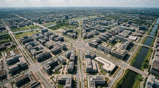 Vue aérienne d'un paysage professionnel illustrant la stratégie de restructuration territoriale commerciale