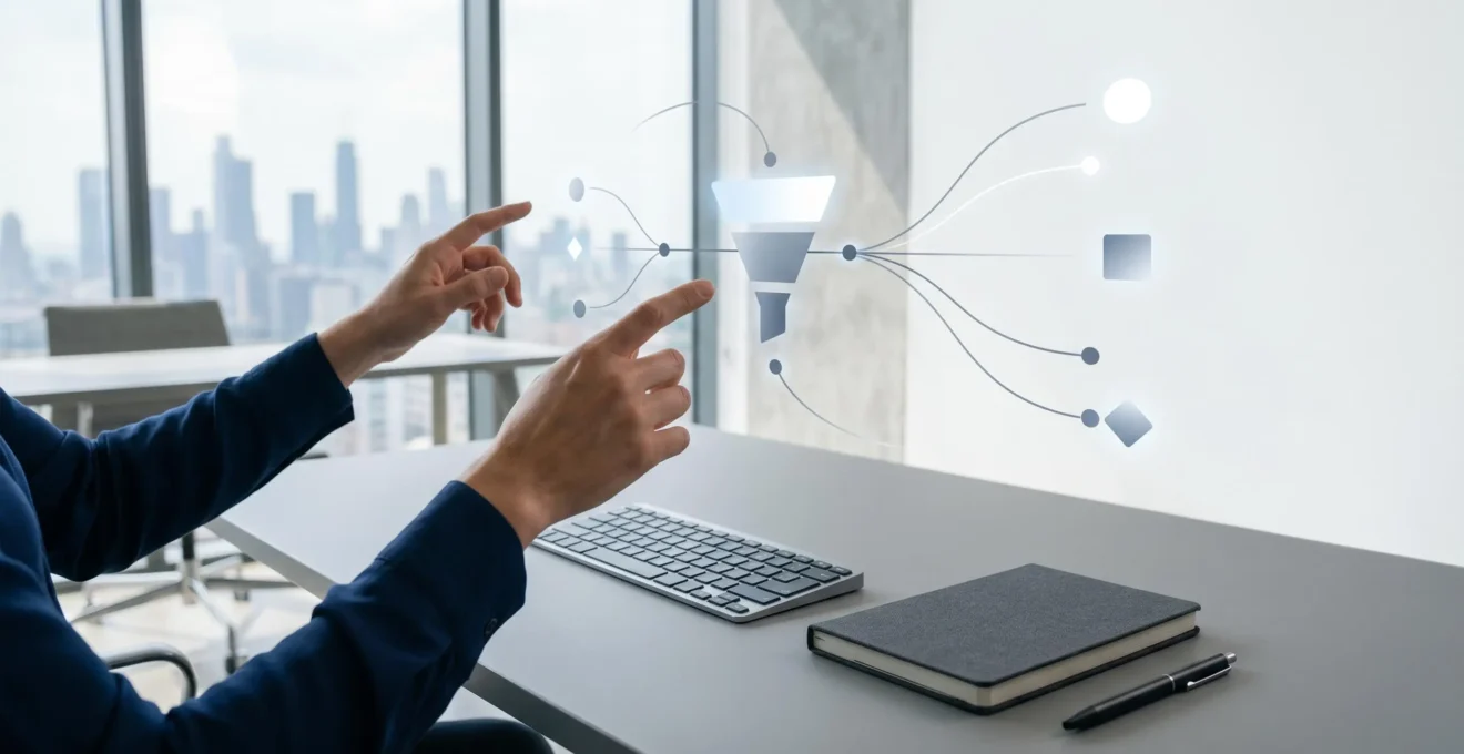 Professionnel du marketing B2B analysant des données de génération de leads sur un tableau de bord moderne