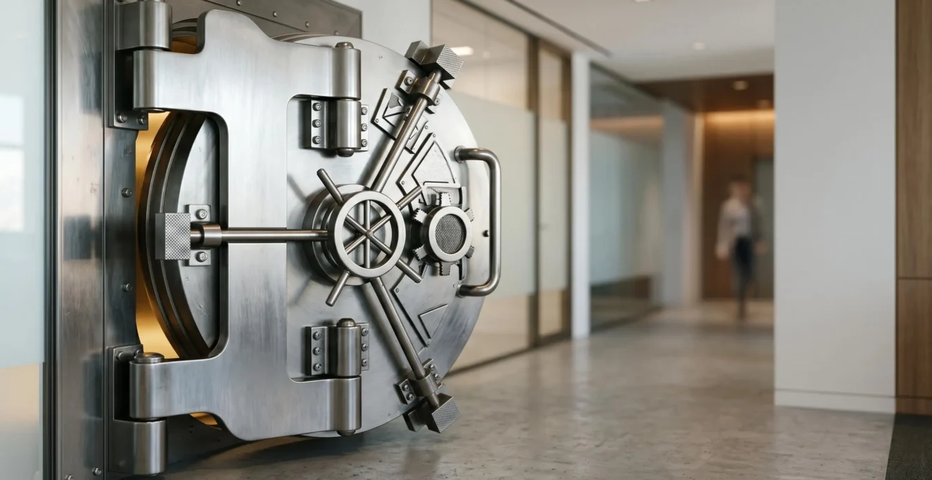 Coffre-fort moderne d'entreprise avec mécanisme de sécurité haute technologie symbolisant la protection du capital