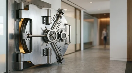 Coffre-fort moderne d'entreprise avec mécanisme de sécurité haute technologie symbolisant la protection du capital